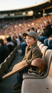 Young boy watching American football game with foam finger and helmet. Concept of family entertainment, sports fandom, merchandise advertising, ticket sales and youth participation.