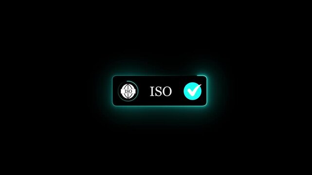 Neon cyan glowing ISO certification button animation with a checkmark tick success icon on black background for corporate quality compliance, standard validation or business assurance stock video