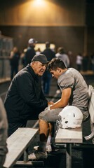 Obraz premium Coach supporting disappointed American football player after difficult game. Concept of mentoring, emotional support, athlete wellbeing, team leadership and performance recovery.