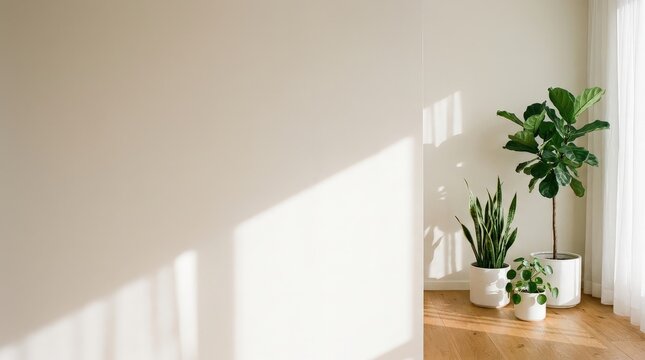 Three lush green potted plants standing against a bright white wall with soft natural sunlight shadows