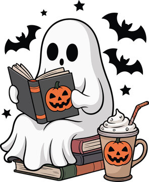 Cute Ghost Reading Halloween Books with Pumpkin Latte
