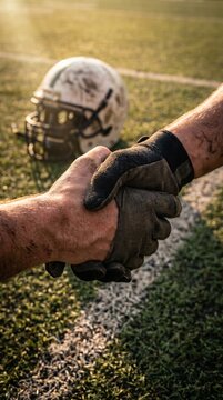 American football players shaking hands on field after intense game. Concept of sportsmanship, mutual respect, fair play, team unity and championship communication.