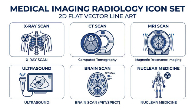 Medical Imaging Radiology Icons Set: X-Ray, CT, MRI, Ultrasound, Brain Scan, Nuclear Medicine
