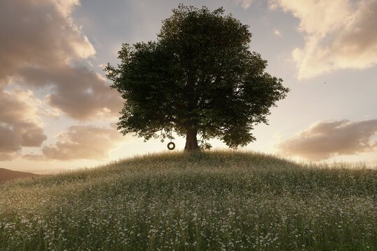 3D Rendering of a single big oak tree standing on a blooming meadow next to a tire swing