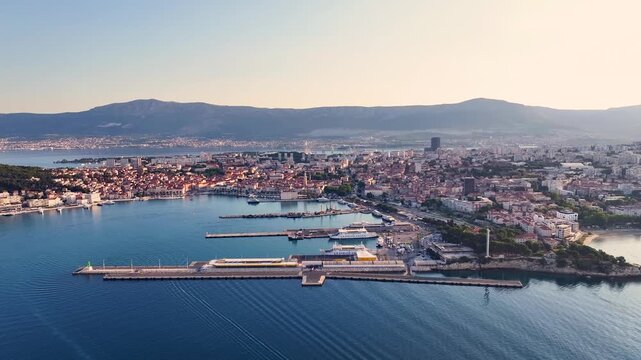Aerial view of split croatia at sunrise over the adriatic sea