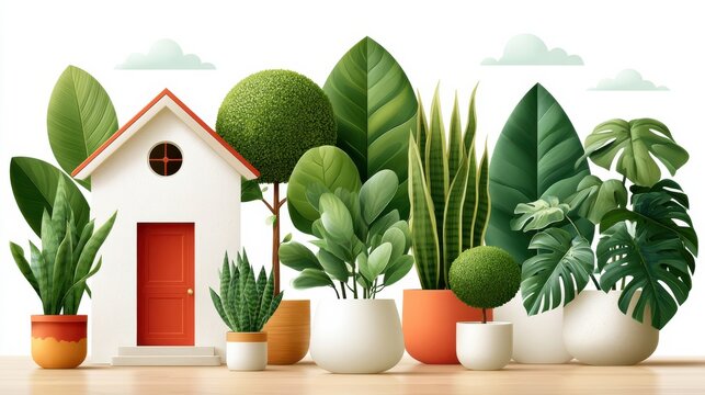 Eco home miniature with potted plants and lush indoor greenery on a clean wooden banner