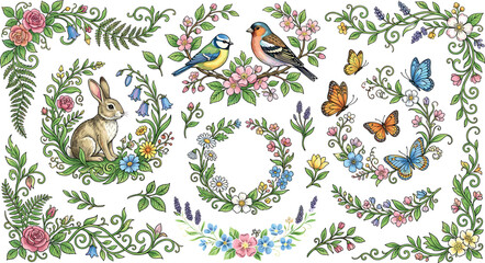 Obraz premium Vintage botanical cottagecore design elements collection featuring cute bunny garden birds butterflies and floral wreaths