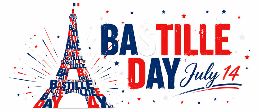 Bastille Day July 14 Celebration Typography with French Flag Pattern on Blue Background