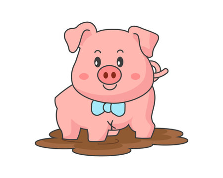 Cute pig, cartoon piglet, pig bathing in a mud puddle. Vector illustration.