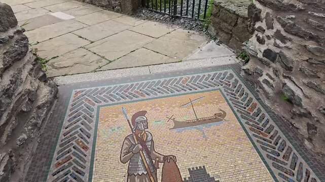 Roman image mosaic pattern rising establishing St Cybi's welsh church on Holyhead island