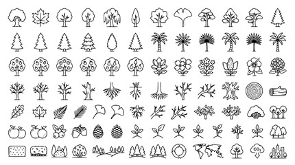 Obraz premium Collection of black and white line drawings of trees plants and environmental icons