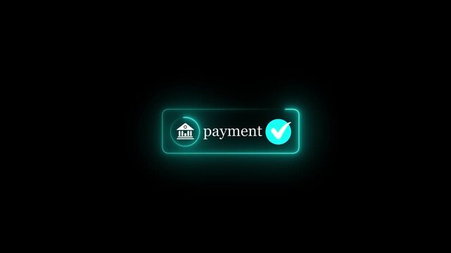 Neon blue glowing payment button animation with a green checkmark tick success icon on black background for secure online transaction, completed processing or checkout approval stock video