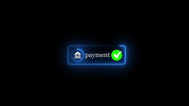 Neon blue glowing payment button animation with a green checkmark tick success icon on black background for secure online transaction, completed processing or checkout approval stock video