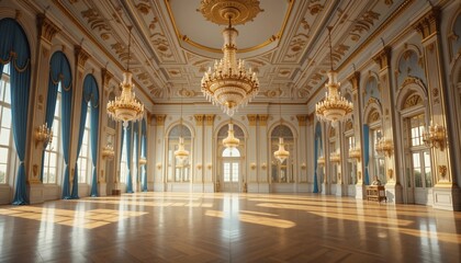 Fototapeta premium Elegant ornate ballroom with chandeliers and sunlight