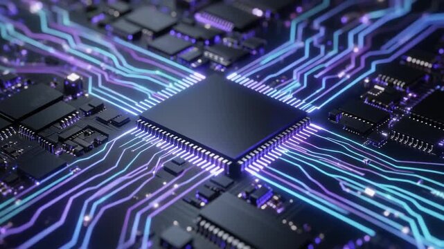 Futuristic semiconductor wafer reveals intricate microchip architecture with blue and violet light flowing through electronic pathways, creating premium advanced computing technology background.