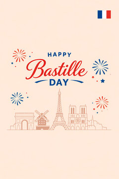 Minimalist Bastille Day Poster with Paris Landmarks Line Art