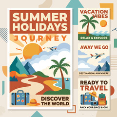 A collection of colorful travel posters featuring summer vacation themes © Septy