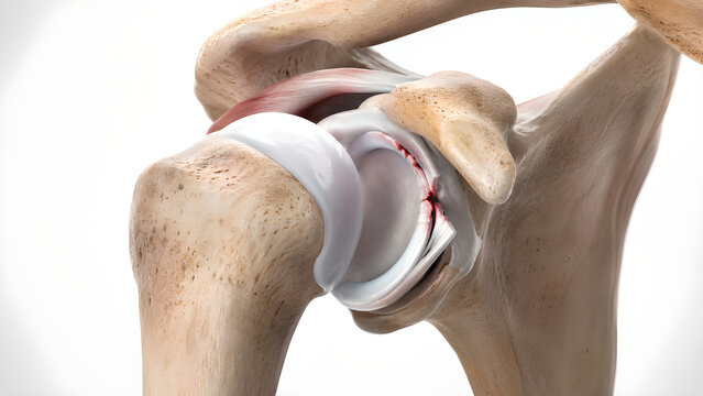 Shoulder labral tear 3D medical illustration showing torn glenoid labrum in realistic shoulder joint anatomy for orthopedic healthcare, sports medicine education, radiology, and patient education use