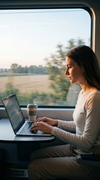 Woman working remotely on laptop while traveling by train. Concept of business travel, digital nomad lifestyle, mobile office and flexible employment.
