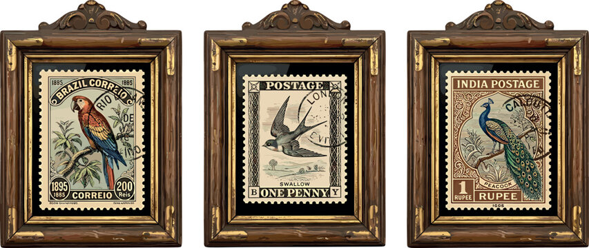 Vintage postage stamp vector set featuring macaw parrot swallow and peacock inside antique wooden frames isolated on white.