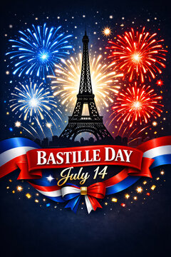 Bastille Day July 14 Fireworks Over Eiffel Tower With French Flag
