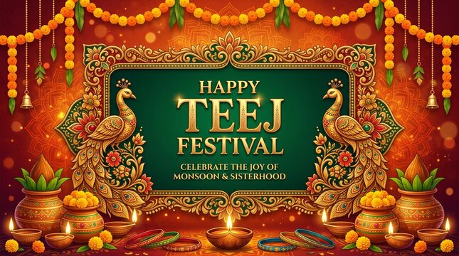 Happy Teej festival greeting card with decorative bangles and ornament
