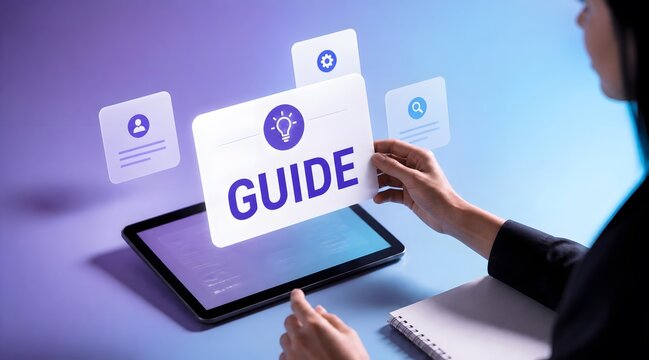User guide manual, business instruction and online help with tablet for professional training, digital literacy and support. Tutorial, handbook and documentation for success with corporate knowledge.