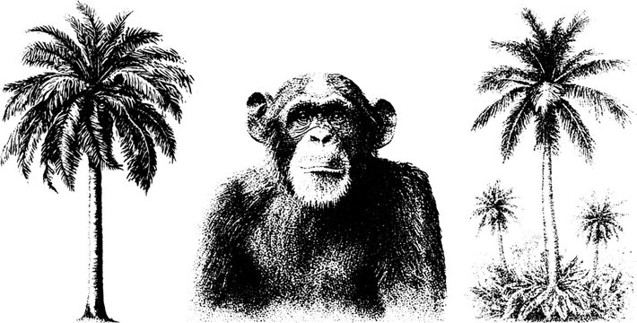 Triptych style black and white stippling chimpanzee and palm trees for jungle poster, banner and background design