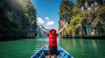 Obraz premium A joyful man in a red shirt and hat stands on a boat, surrounded by towering green cliffs and turquoise water under a bright blue sky.