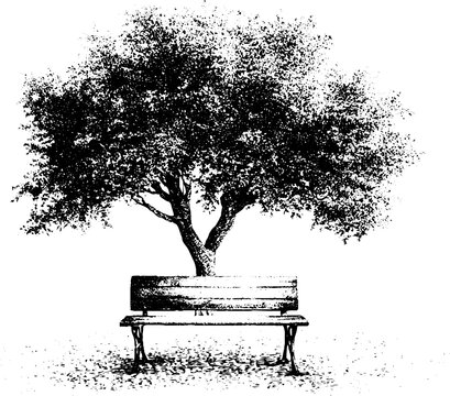 Copper beech tree over a park bench black and white stipple illustration for autumn background and poster design