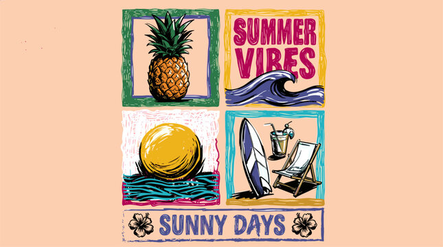 Summer good vibes. Sunny days beach vacation print. Retro surfboard pineapple design.
