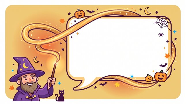 Halloween wizard casting a magic spell to create a blank speech bubble frame with pumpkins and bats