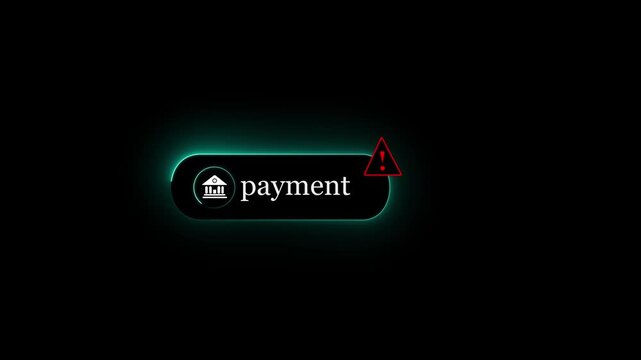 Neon cyan glowing payment button animation with a flashing red exclamation warning triangle icon on black background for transaction error, failed processing or security alert stock video