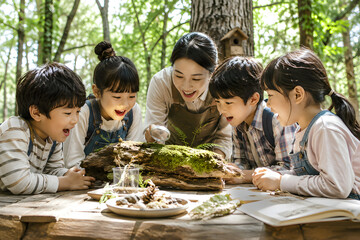 Fototapeta premium Teacher and children examining nature with a magnifying glass in the forest