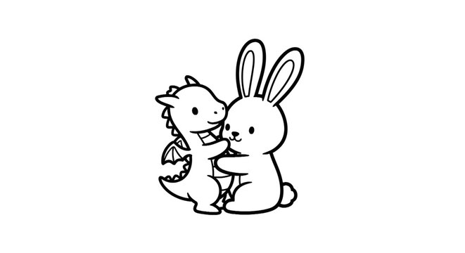 Cute rabbit hugging a small friendly dragon character.