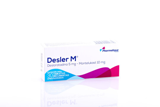 Desler M Desloratadine and Montelukast Tablet Box Isolated on White Background
