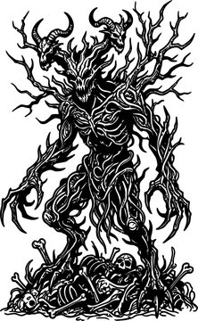 Wendigo forest monster vector illustration, black and white gothic leshy tree spirit drawing, minimalist high contrast alternative tattoo style mythical creature graphic with skulls isolated on white 
