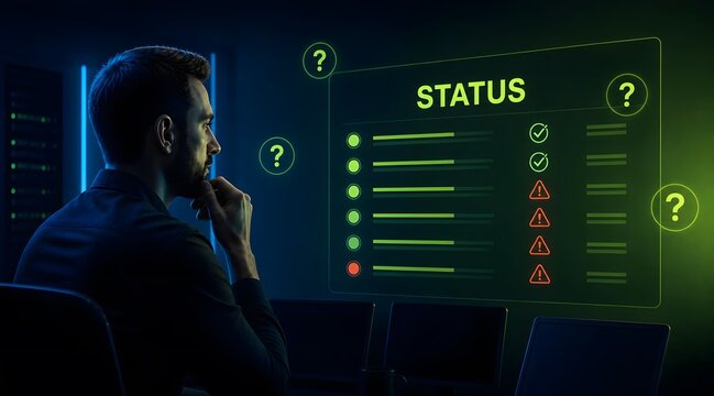IT monitoring system, man and digital dashboard for server status, network security and data management. Information technology, professional and software at night for analytics and troubleshooting.
