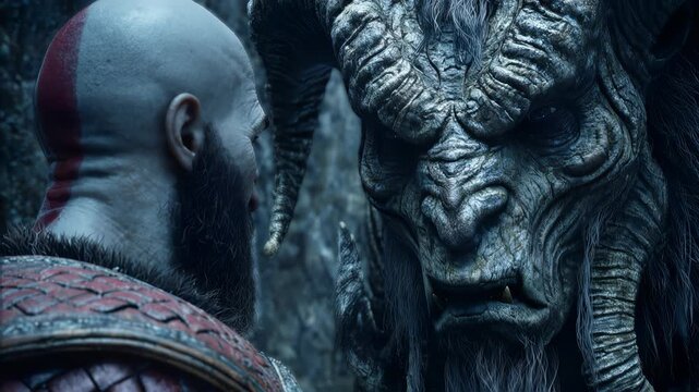 Male character with shaved head and red markings engages in intense gaze with a large horned creature in a dark, rocky environment, showcasing a moment of confrontation