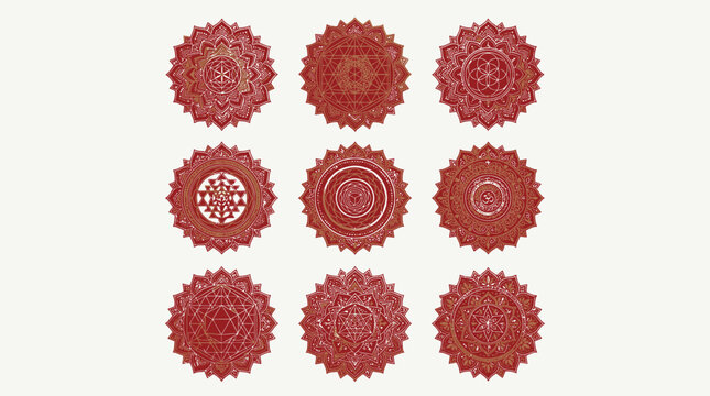 Meditation Mandala Set: Nine Intricate Red Circular Patterns