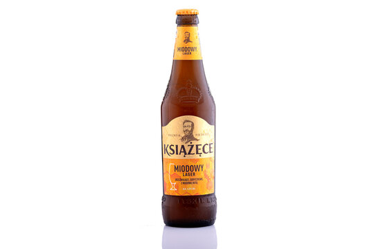 Książęce Miodowy Lager Polish Beer Bottle Isolated on White Background