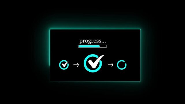 Minimalist blue progress loading bar animation showing a multi step workflow with checkmark check icons on black background for data system update or task completion stock video