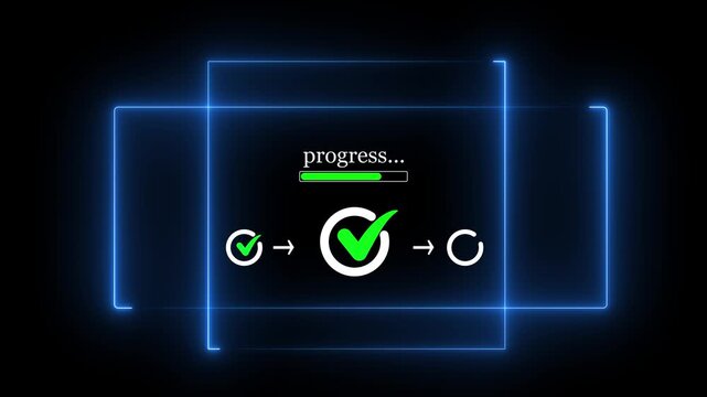 Neon blue glowing geometric framework animation showing multiple progress loading bars and green checkmark validation workflow icons on dark black background for data migration software installation s