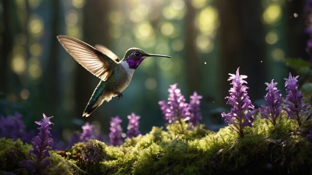 A vibrant hummingbird hovering near blooming purple flowers in a lush forest, capturing nature's beauty