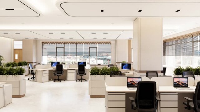 Interior office animation video rendering realistic architecture and interior design modern building