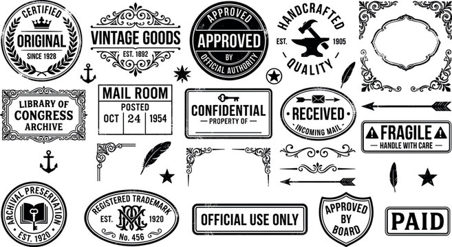 Vintage monochrome post office and library rubber stamp collection featuring confidential official and decorative retro design elements vector