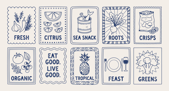 Retro label sticker banner design, hand drawn blue ink badge, fresh citrus tropical seafood typography, vintage cafe restaurant menu graphic, clean line art label vector, organic food advertisement la