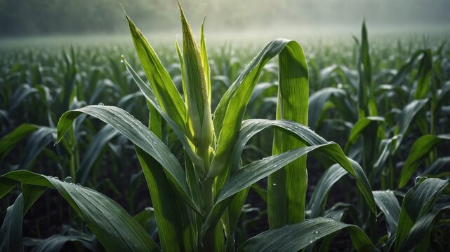 Lush green cornfield with dew-covered leaves in early morning light, showcasing agricultural growth