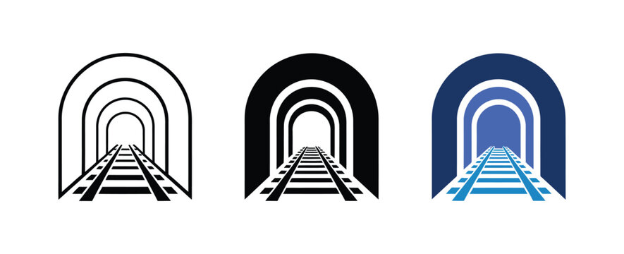 Railway tunnel entrance icons illustrating transportation infrastructure in outline, black silhouette, and blue flat styles with clean minimalist vector graphics for logistics, construction, and railw