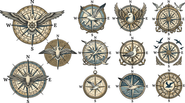 Vintage nautical compass rose vector set featuring majestic eagles and seagulls for maritime marine navigation isolated on white background.